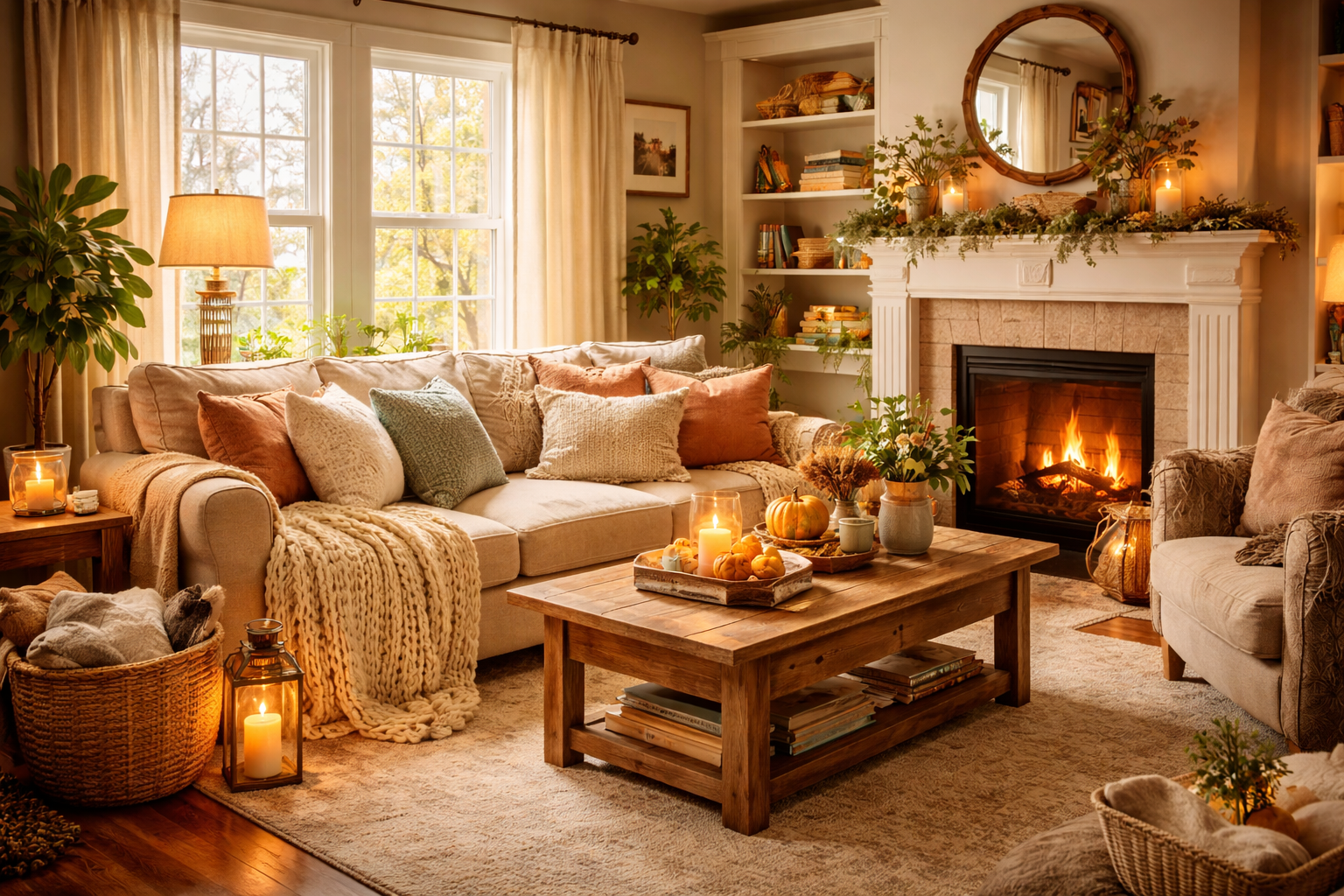 Cozy modern home interior with warm decor and kitchen essentials